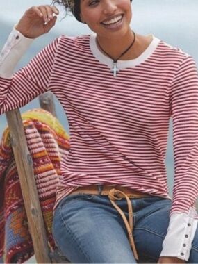Sundance Red and Cream Striped Knit Crewneck Top